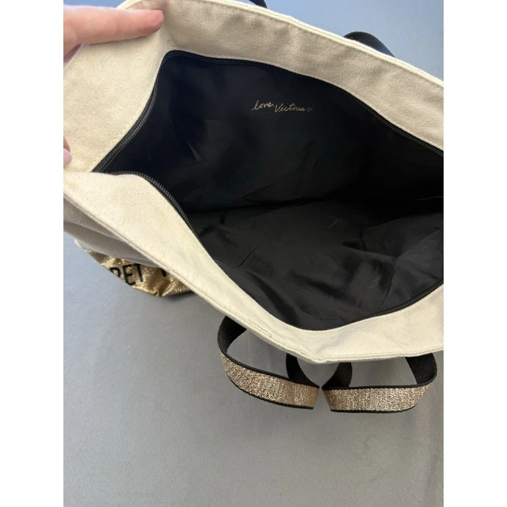 Victoria's Secret Canvas GOLD GLITTER‎ Tote Bag Zip Closure EUC